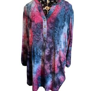 NEW DIRECTIONS CURVY 1X Floral Print Tunic Top Pink Blue Pleated V-Neck Button